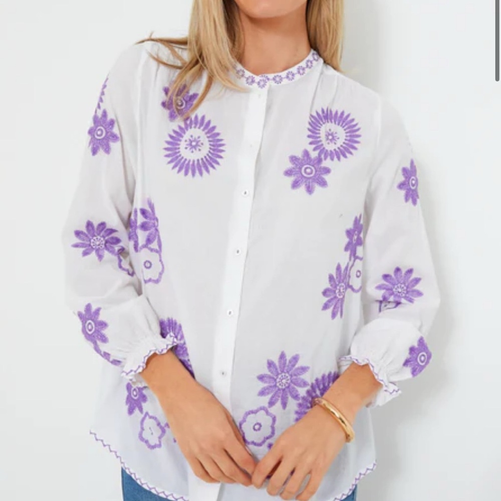 Floral Embroidered White and Purple Women's Top
